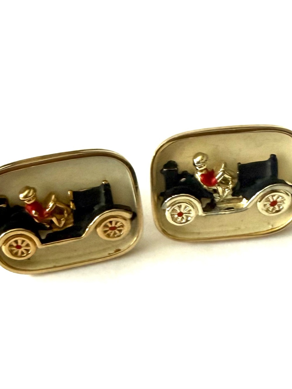 Swank Gold-Tone Old Car Cufflinks in Black and Red